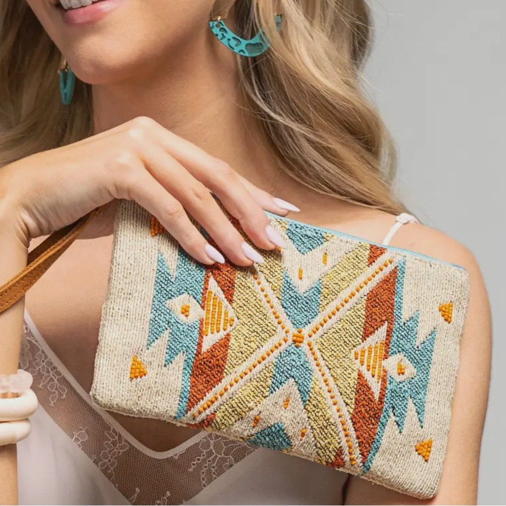 Western Bohemian Bold Orange and Blue Clutch with Geometric Design NWT